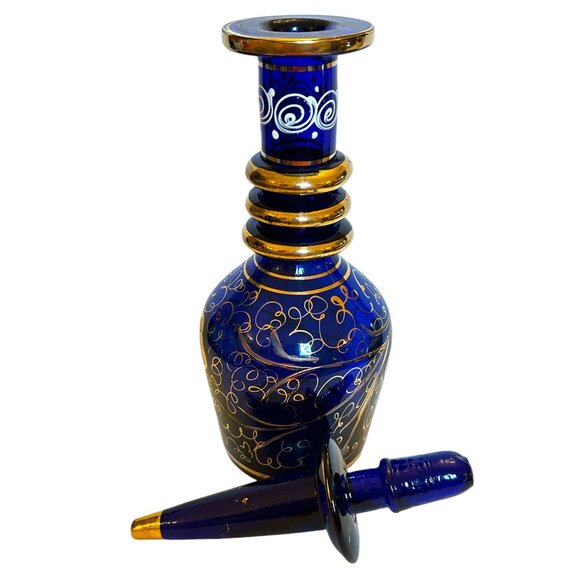 Vintage Bohemian Persian Hand-Painted Cobalt Blue & Gold Glass Decanter - Picture 4 of 13